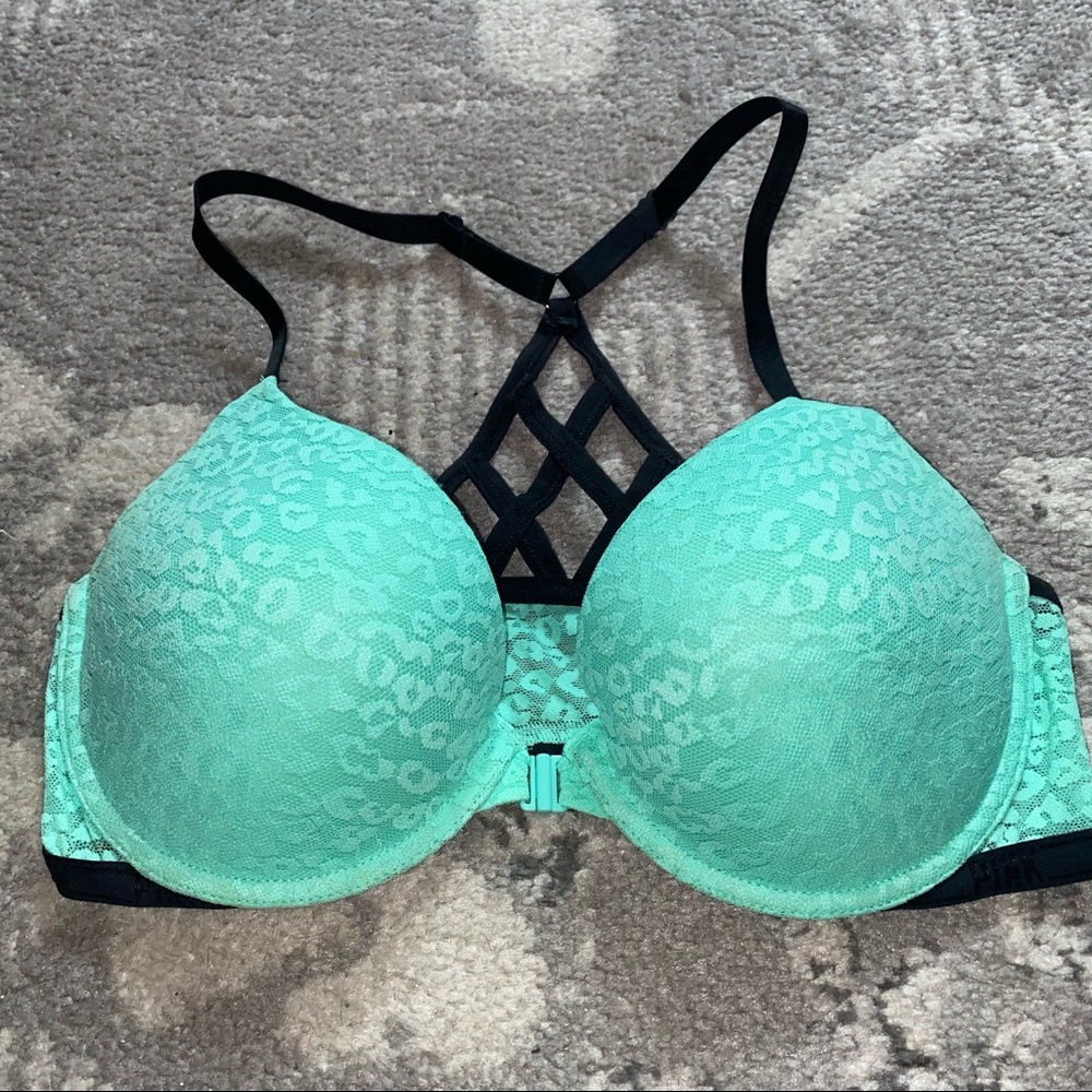 Victoria’s Secret PINK Leopard Lace Mint Green Racerback Push Up Bra